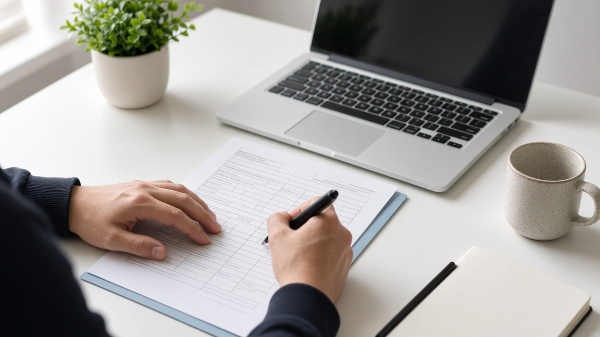 Händer som fyller i en blankett vid en laptop