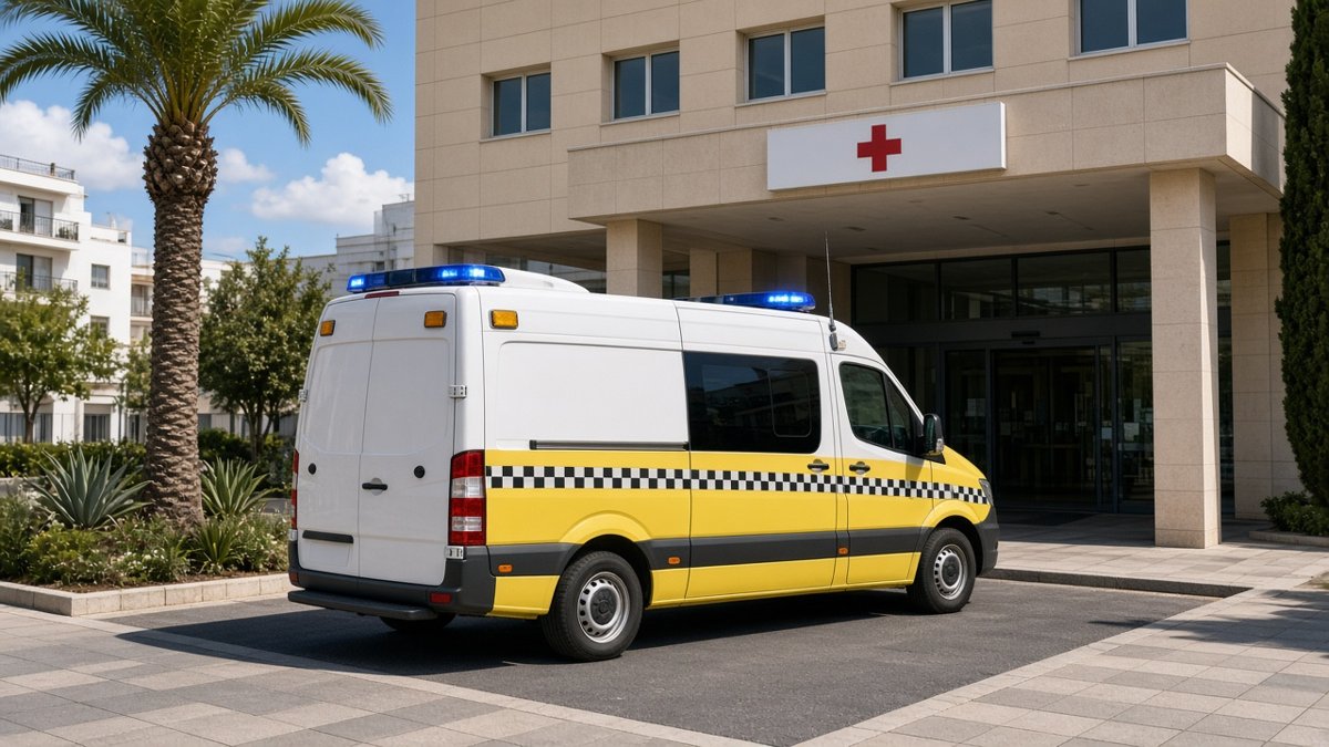 Gul och vit ambulans med blåljus utanför ett sjukhus