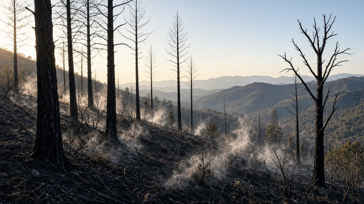 Brandhärjad sluttning med svarta tallstammar och tunn rök dagen efter en skogsbrand