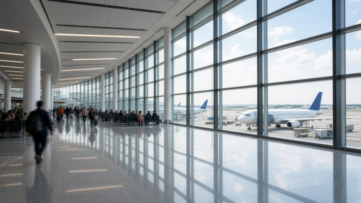 Ljus flygplatsterminal med stora fönster mot flygplanen