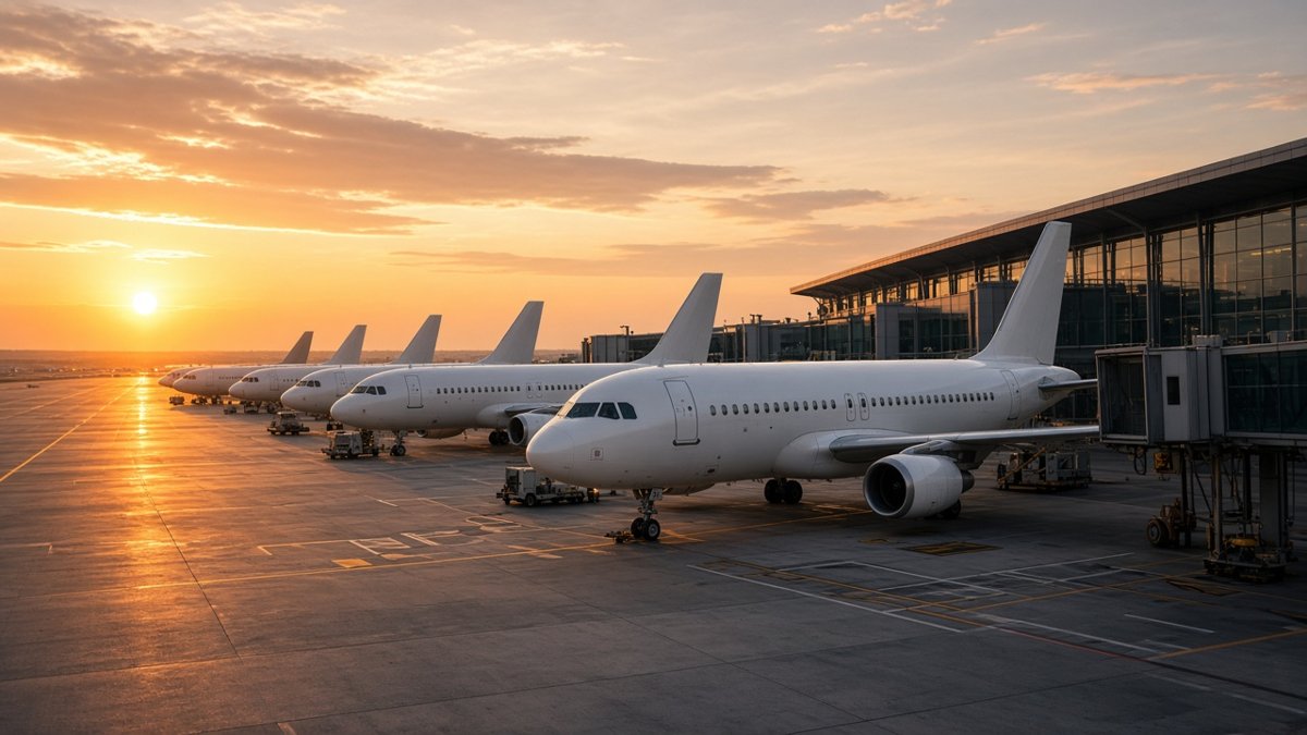 Flygplan vid gaterna på en flygplats i solnedgången