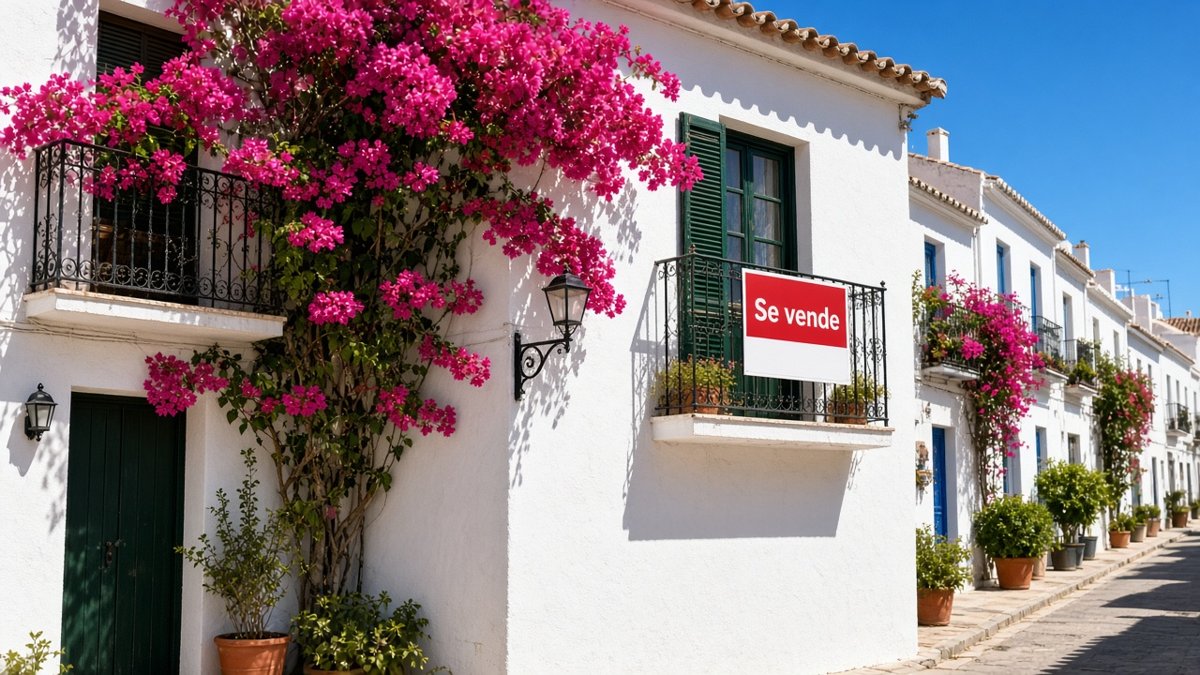 Vita hus med bougainvillea och en Se vende-skylt på balkongen