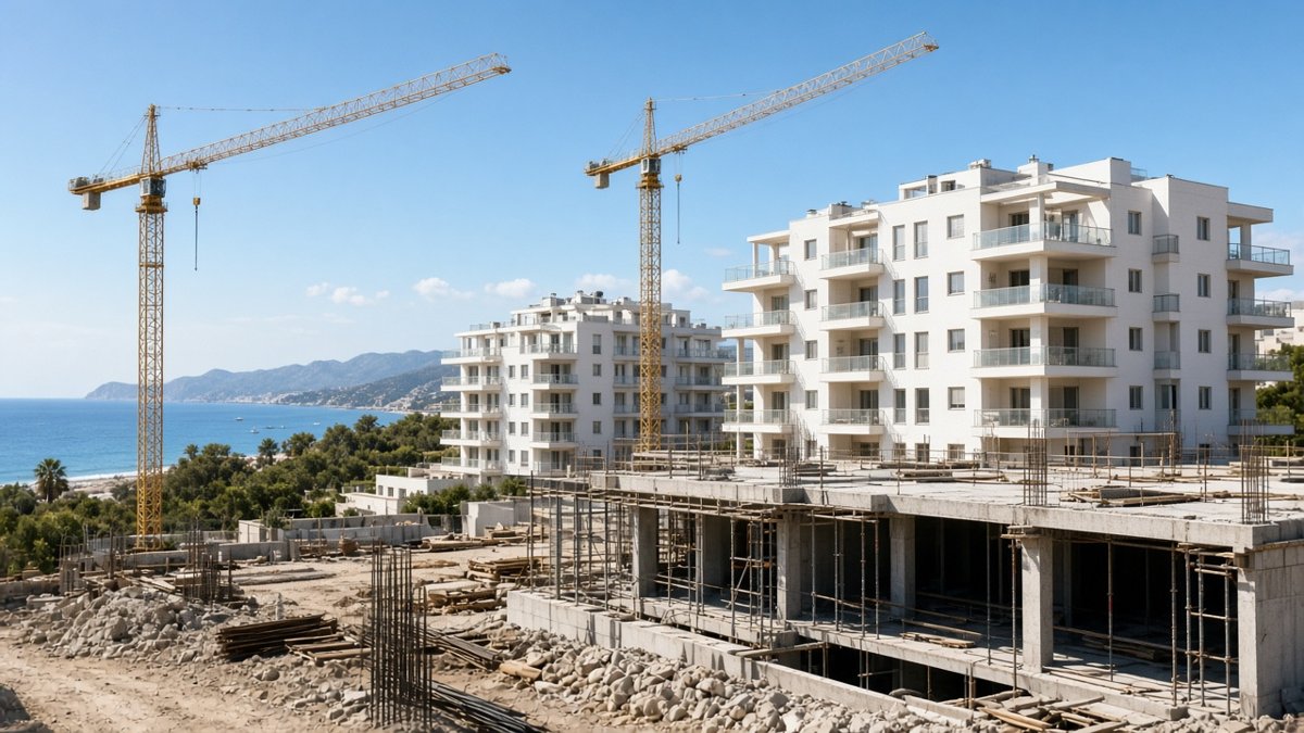 Bostadsbygge med lyftkranar och nya vita hus vid kusten