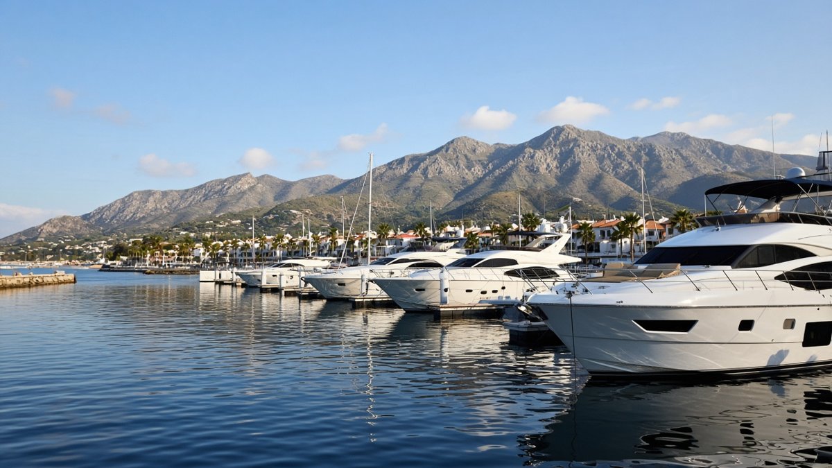 Småbåtshamn med lyxbåtar och berg på Costa del Sol