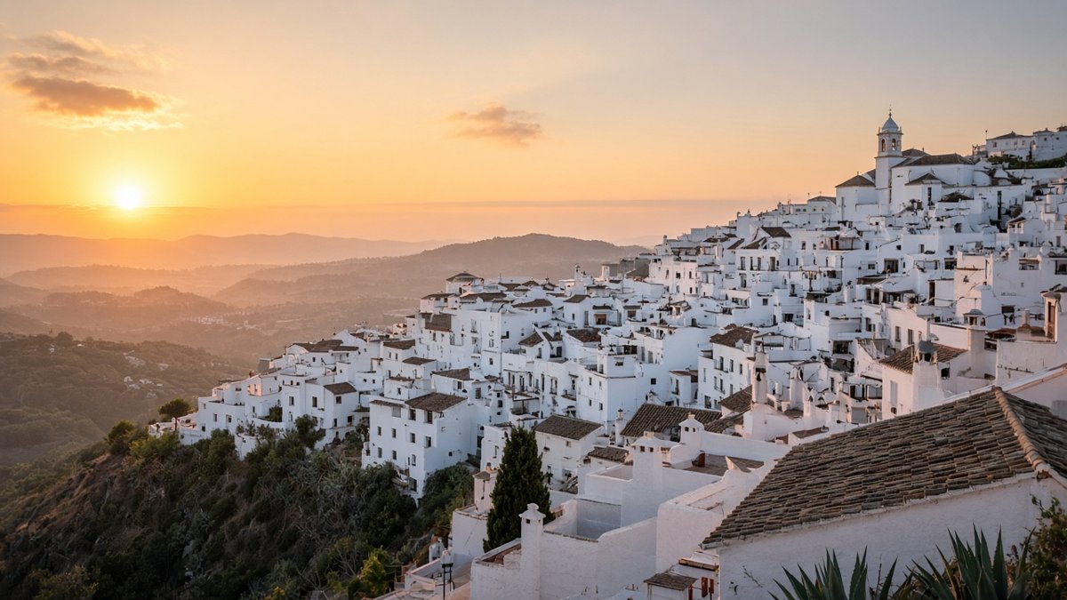Vit andalusisk bergsby i soluppgången