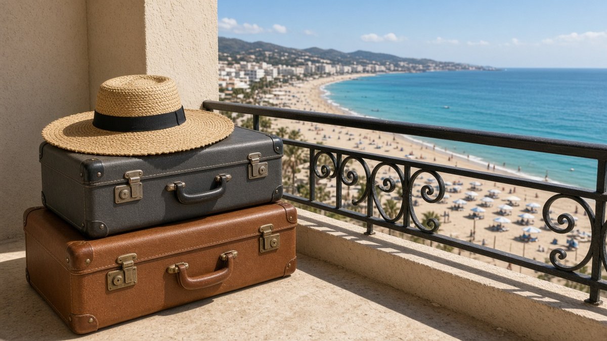 Resväskor och solhatt på en hotellbalkong med strandutsikt