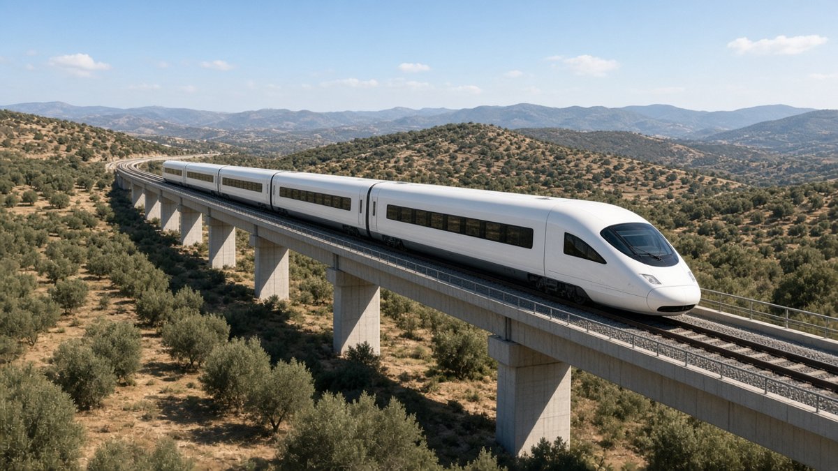 Vitt höghastighetståg på en viadukt genom spanskt olivlandskap